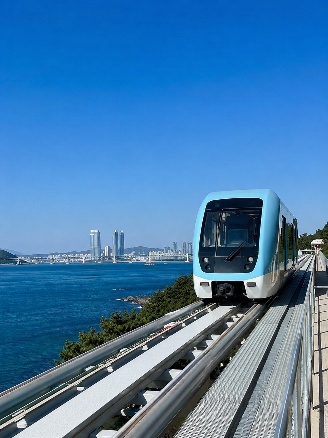 Templo Haedong Yonggungsa y Blue Line Train en Haeundae
