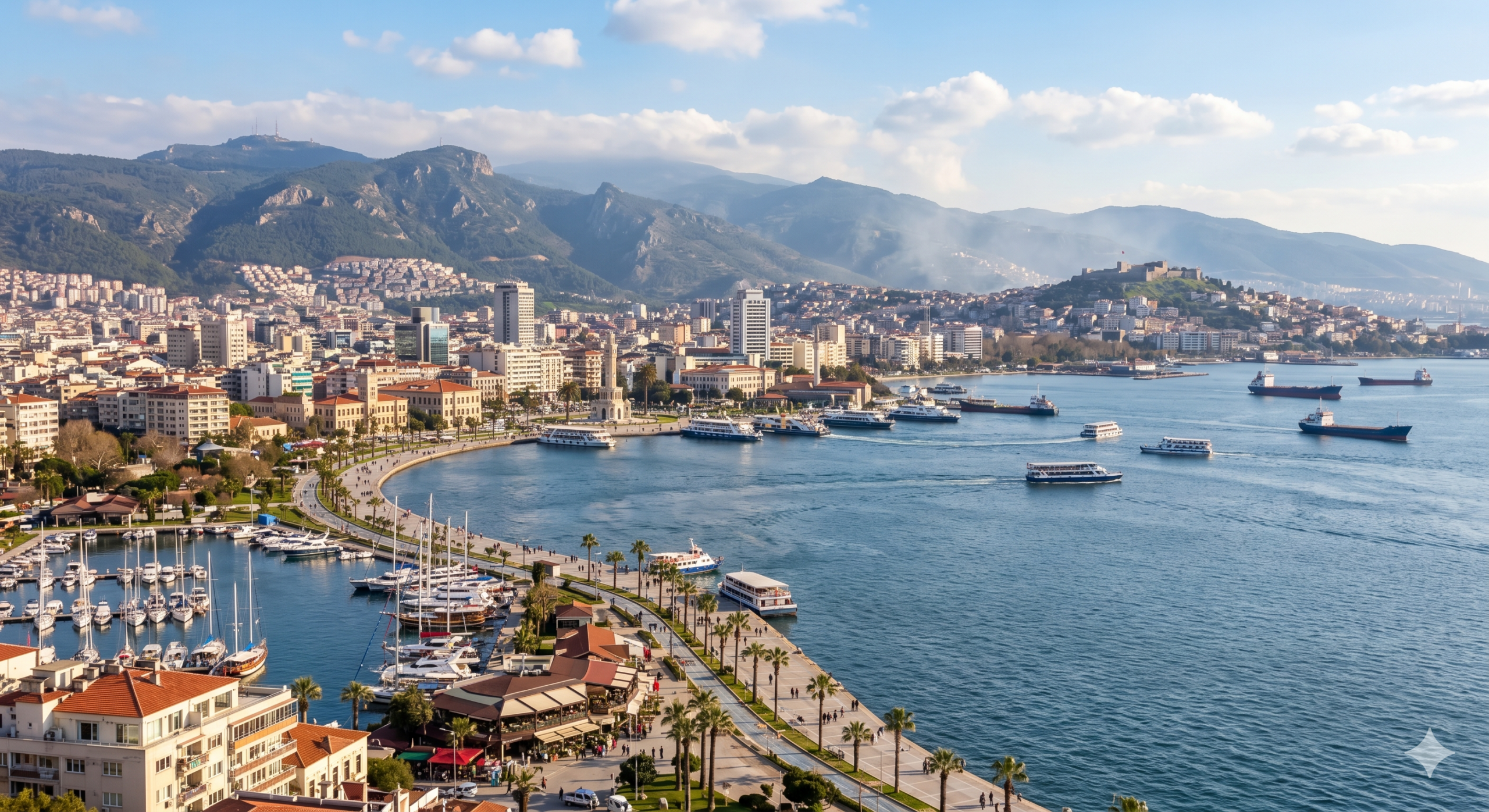Vista aérea de la bahía de Izmir Esmirna con barcos y ciudad costera dentro del itinerario de un tour de Turquía y promociones en viajes a Turquía