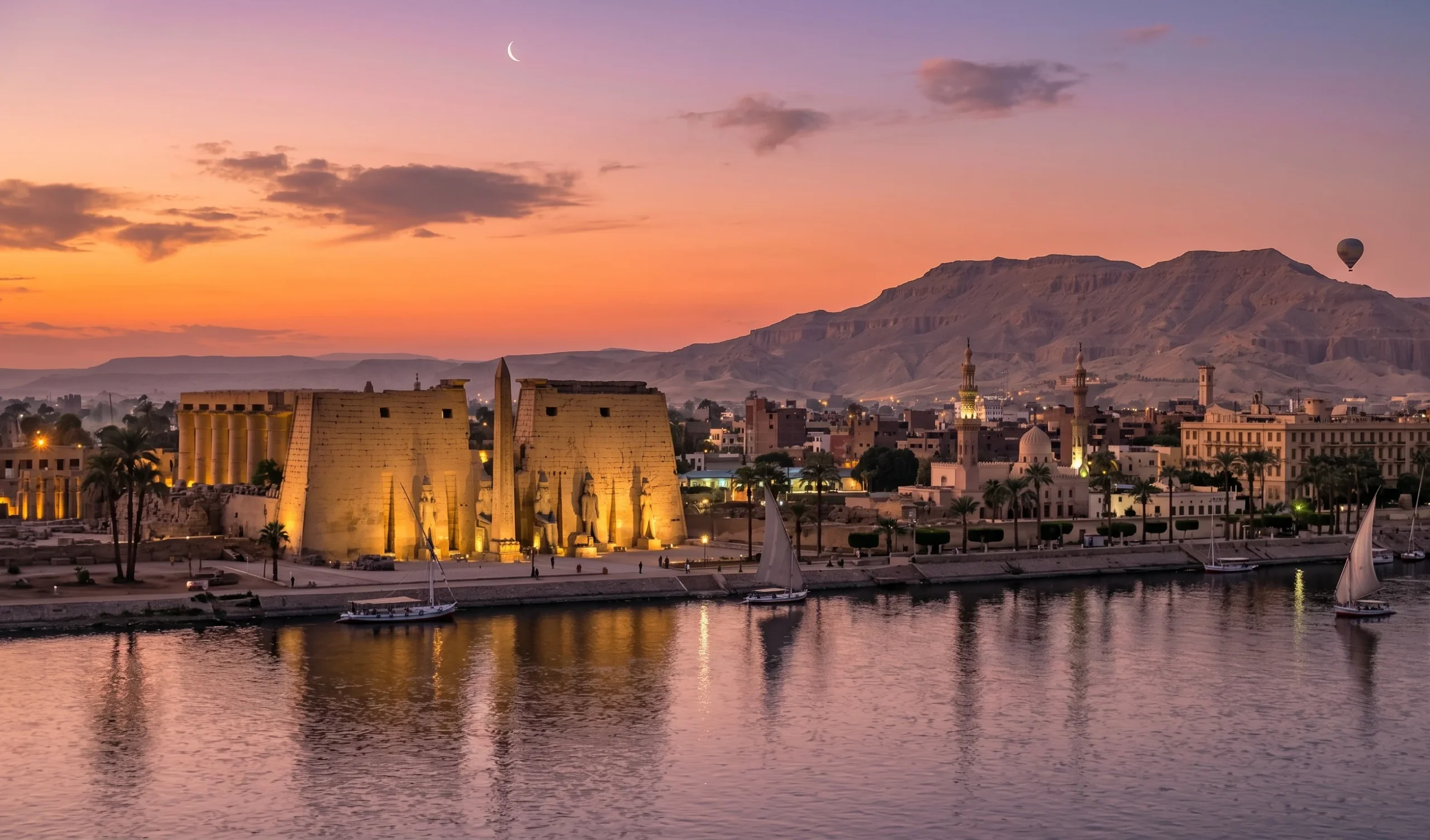 Atardecer en el río Nilo en Luxor con veleros tradicionales (feluccas) navegando y la orilla iluminada por el sol poniente.