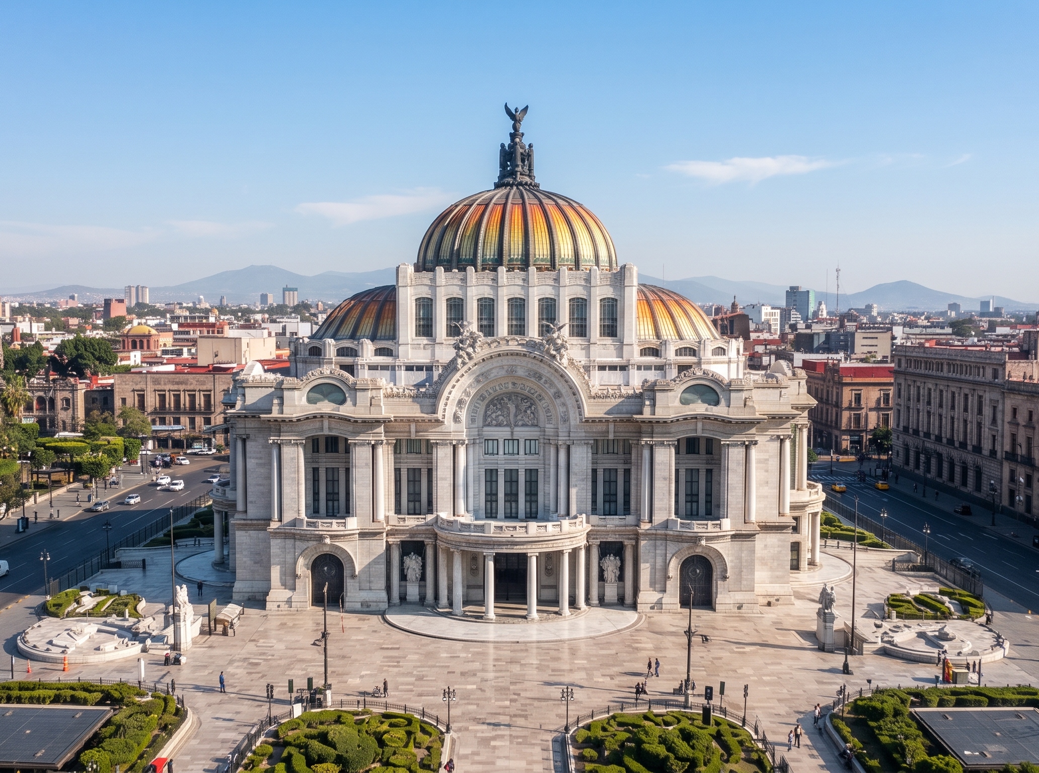 Vista aérea del Palacio de Bellas Artes en la Ciudad de México, destacando su fachada de mármol blanco, su icónica cúpula de color naranja y amarillo, y la plaza circundante bajo un cielo despejado.