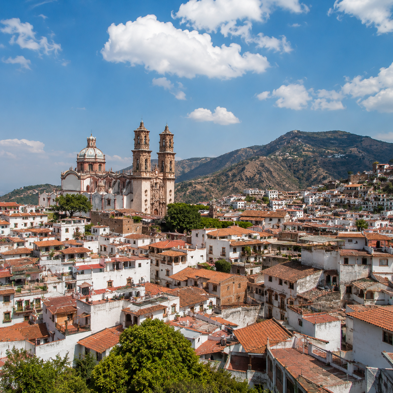 Vista panorámica del pueblo mágico de Taxco en Guerrero, México, mostrando la Parroquia de Santa Prisca sobresaliendo entre casas blancas con techos de tejas coloniales y montañas de fondo.
