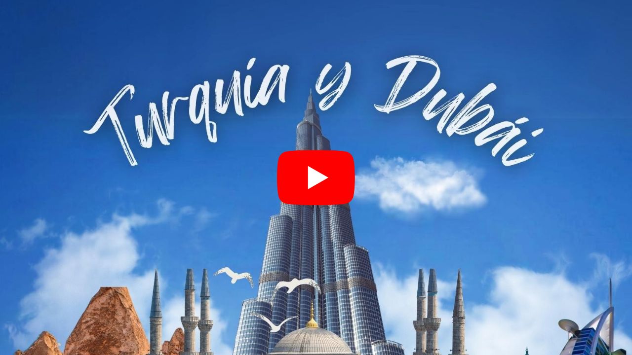 Miniatura de video promocional con el Burj Khalifa y mezquitas turcas para el tour Dubái Turquía 2026 y reserva del paquete Dubái y Turquía