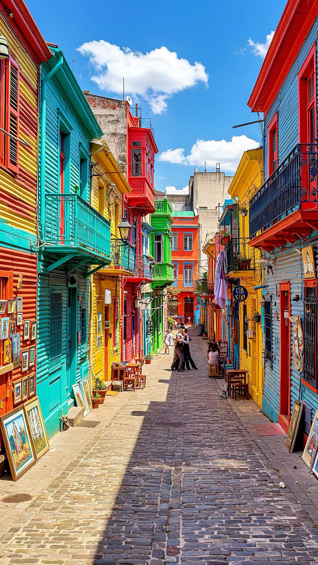 Una pintoresca calle adoquinada, Caminito, está flanqueada por coloridos conventillos con paredes de chapa corrugada pintadas de azul, amarillo, rojo y verde. En los balcones y entradas se exhiben cuadros de arte local a la venta.