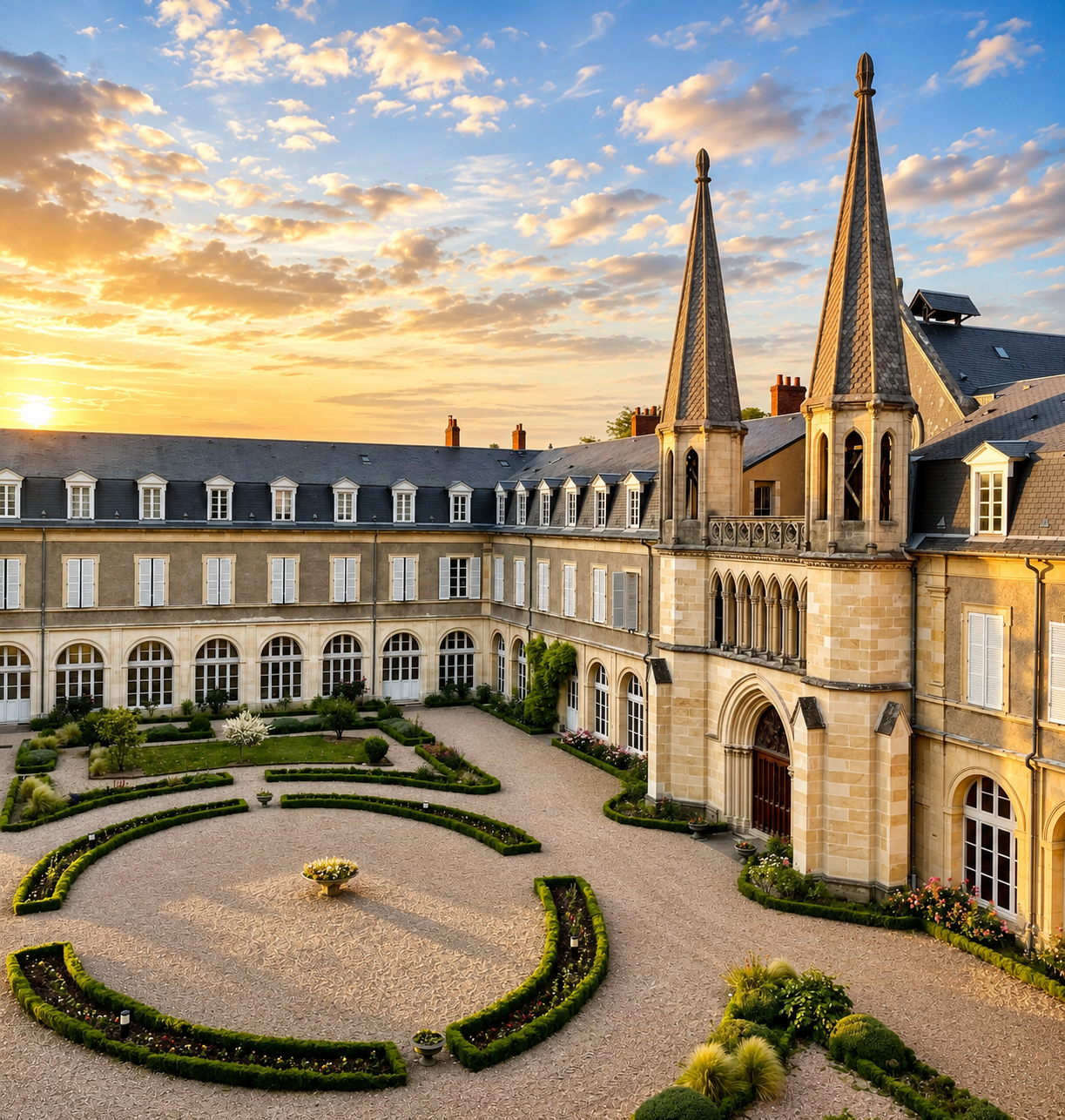 Vista aérea del patio ajardinado y la fachada del Convento Saint Gildard en Nevers durante el atardecer con el cielo iluminado en tonos cálidos.