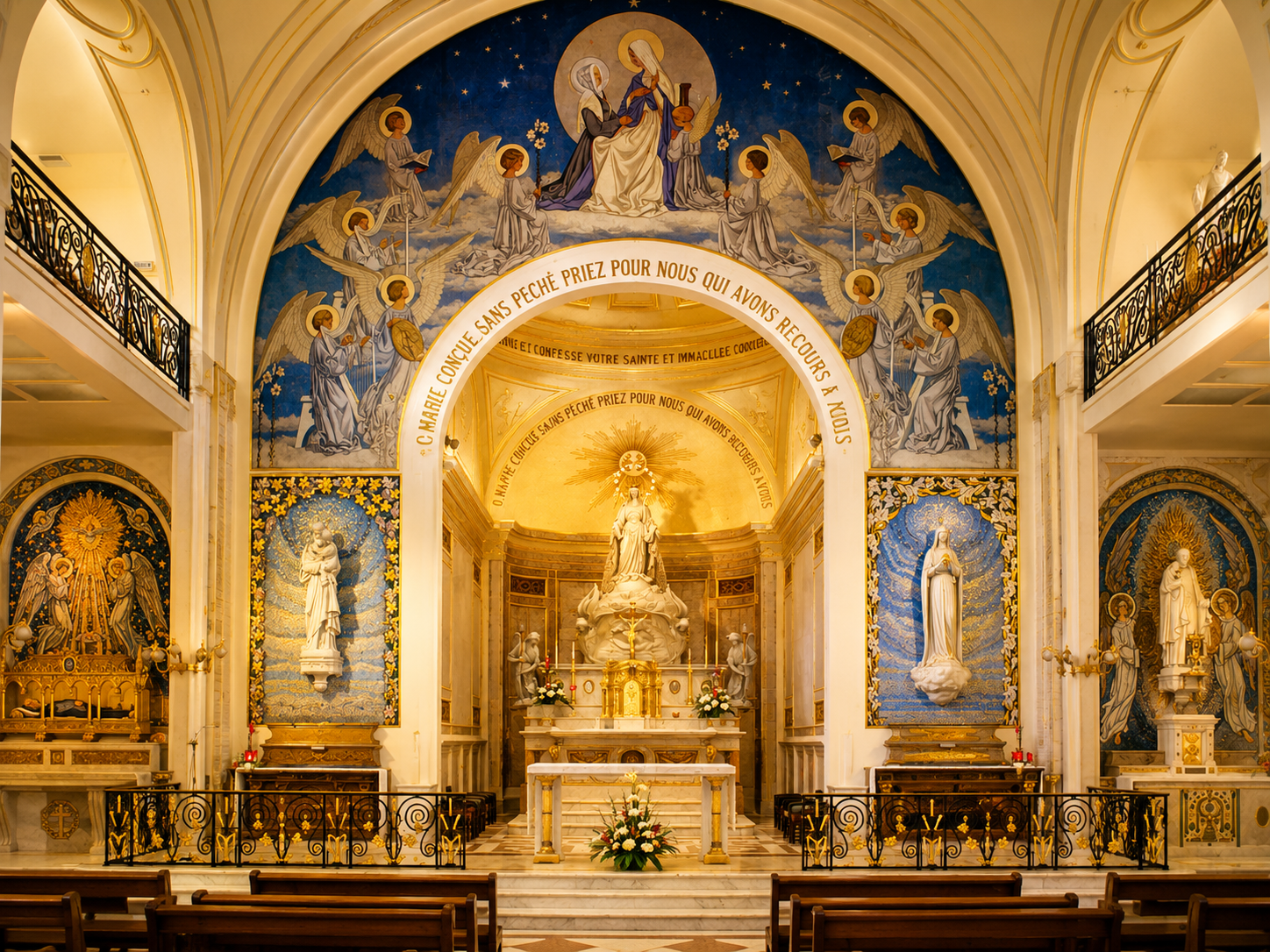 Vista frontal del impresionante altar mayor de la Capilla de la Medalla Milagrosa en París. Muestra la arquitectura interior de la capilla con sus mosaicos y decoraciones doradas.
