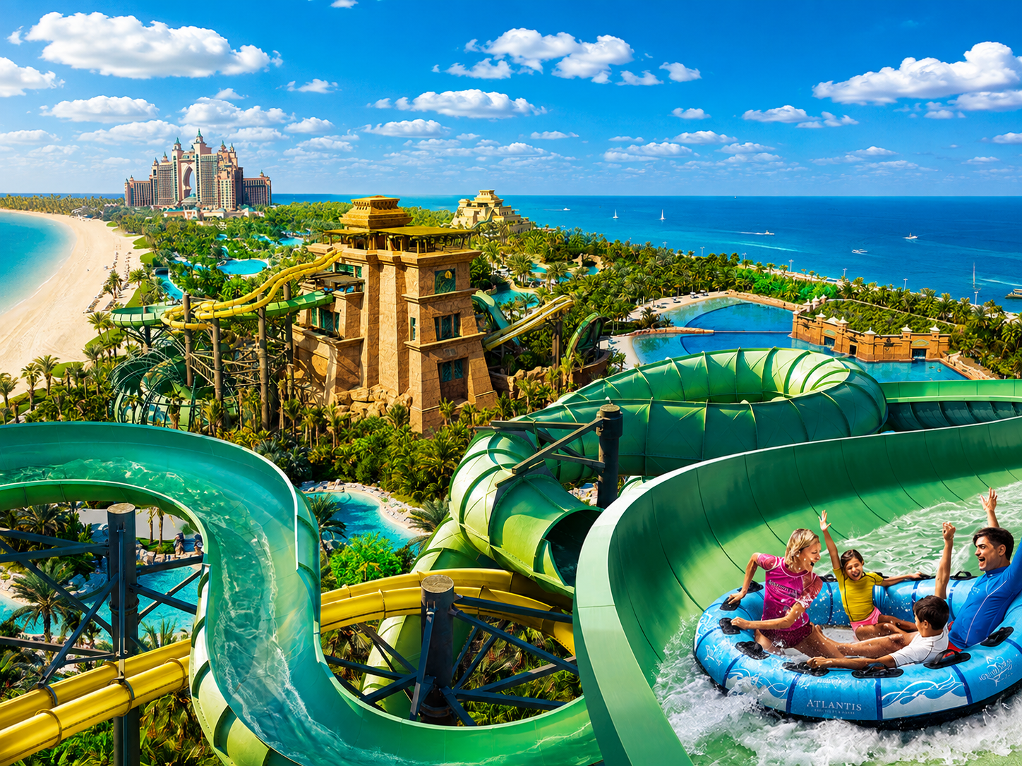 Toboganes acuáticos del parque Aquaventure en Hotel Atlantis Dubái, incluido en el tour de quinceañeras con extensión a Dubái