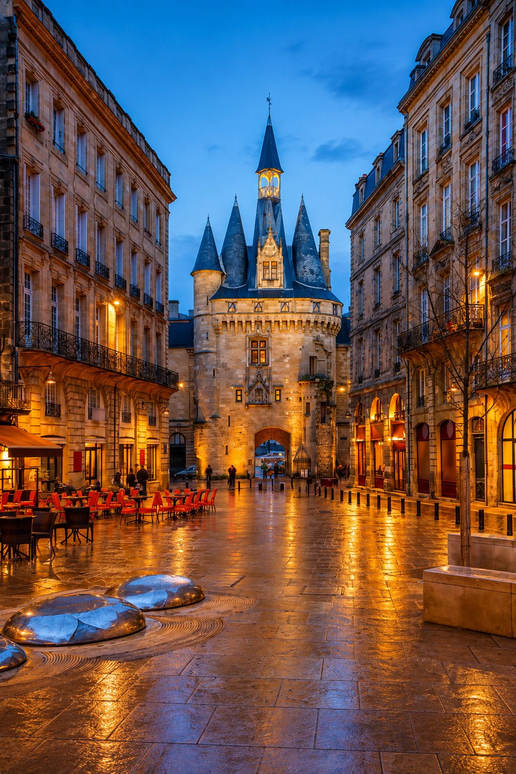 Porte Cailhau iluminada al anochecer en una plaza empedrada de Burdeos para celebrar el Fin de Año en Europa.