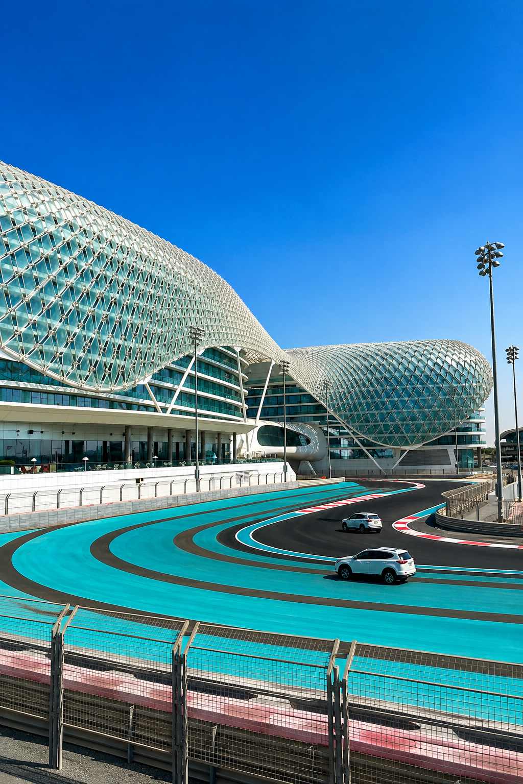 Pista de carreras del Circuito Yas Marina con sus características franjas celestes frente al moderno hotel W Abu Dhabi.
