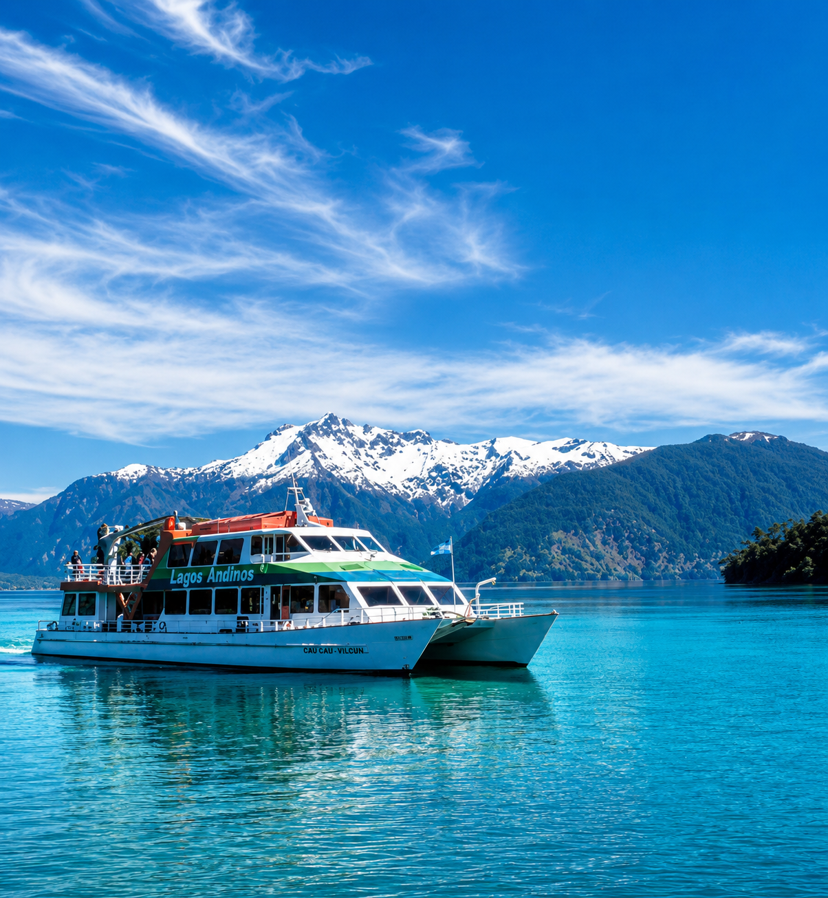 Catamarán turístico "Lagos Andinos" navegando en el Cruce de Lagos entre Bariloche y Puerto Varas, con montañas nevadas de fondo, paquete de viaje a Argentina desde Colombia