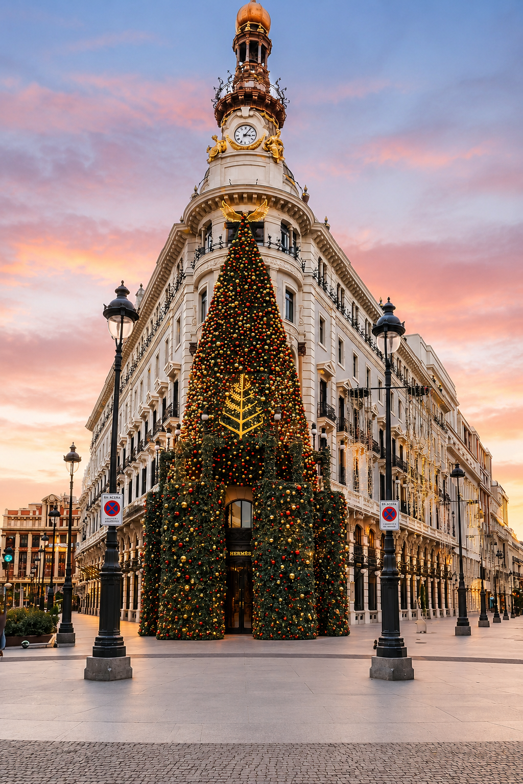 Celebración de fin de año extraordinaria en Europa: multitud frente al edificio Hermès en Madrid con decoraciones de 2026 y letreros de 'Nochevieja en Europa' y 'Fin de Año en París'.