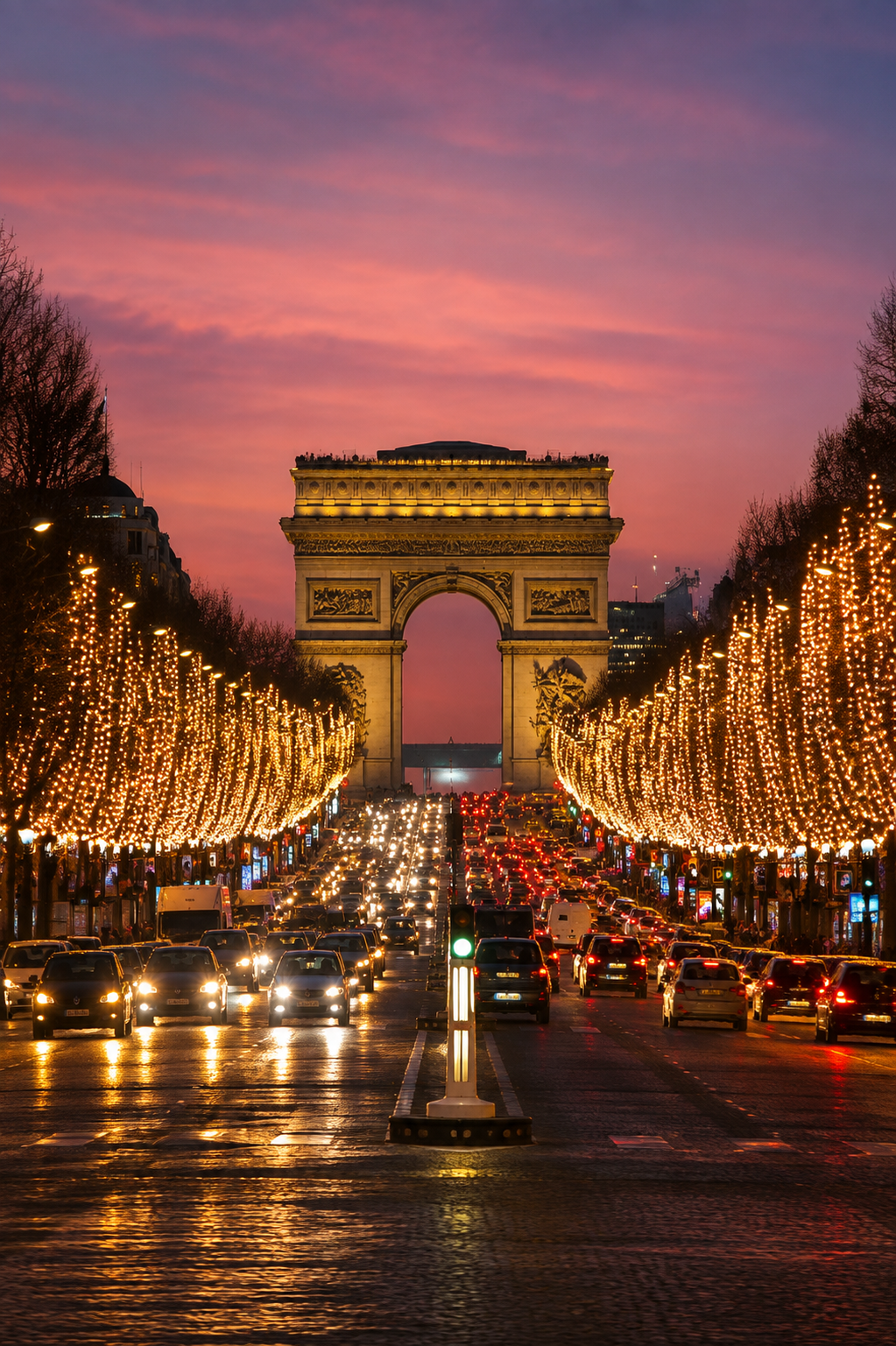Arco del Triunfo iluminado en los Campos Elíseos para celebrar la Nochevieja en París y Fin de Año en Europa.