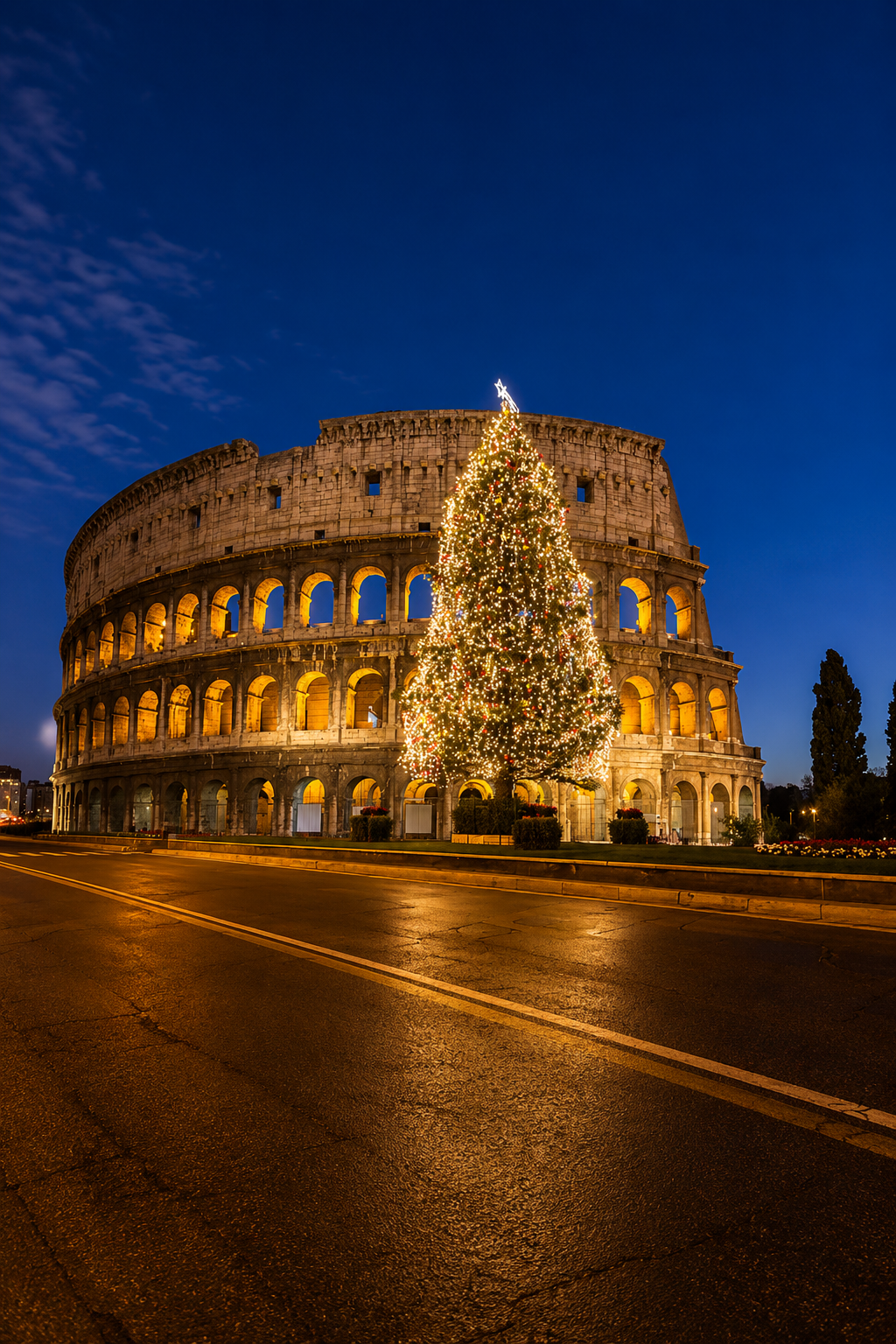 Coliseo Romano iluminado de noche junto a un gran árbol de Navidad para celebrar Fin de Año en Europa.