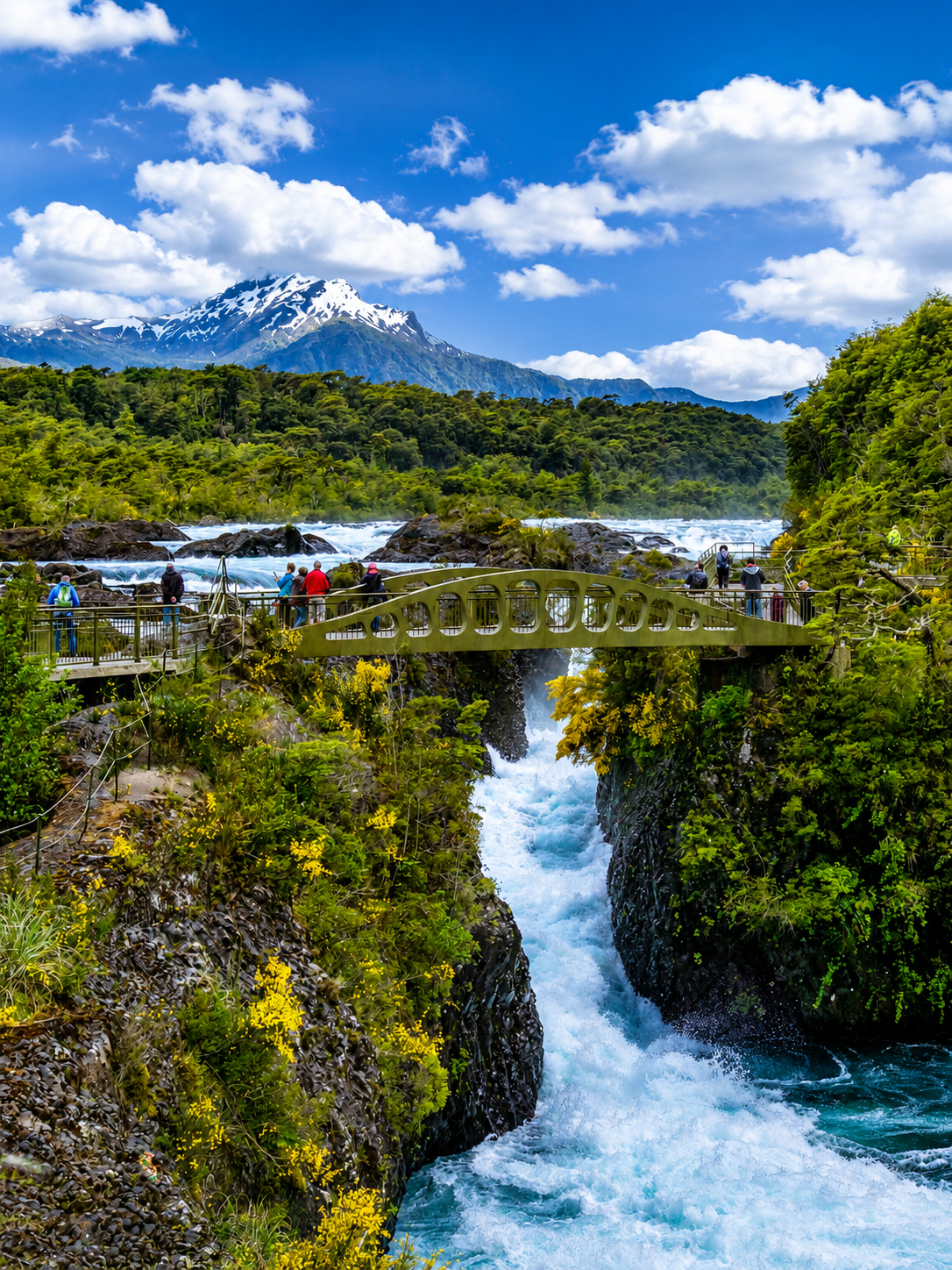 Puente sobre el Salto de Petrohué con aguas turquesas y volcán Osorno de fondo, excursión desde Puerto Varas en viaje a Chile y Argentina