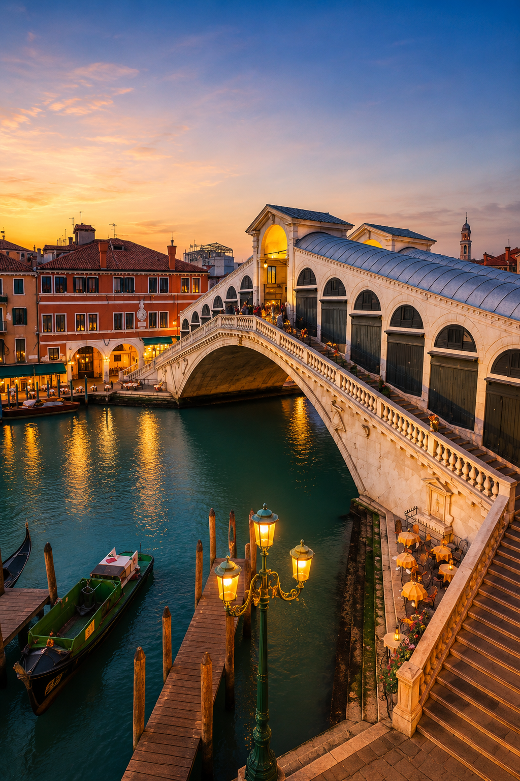 Puente de Rialto iluminado sobre el Gran Canal de Venecia al atardecer para un Viaje de Fin de Año en Europa.