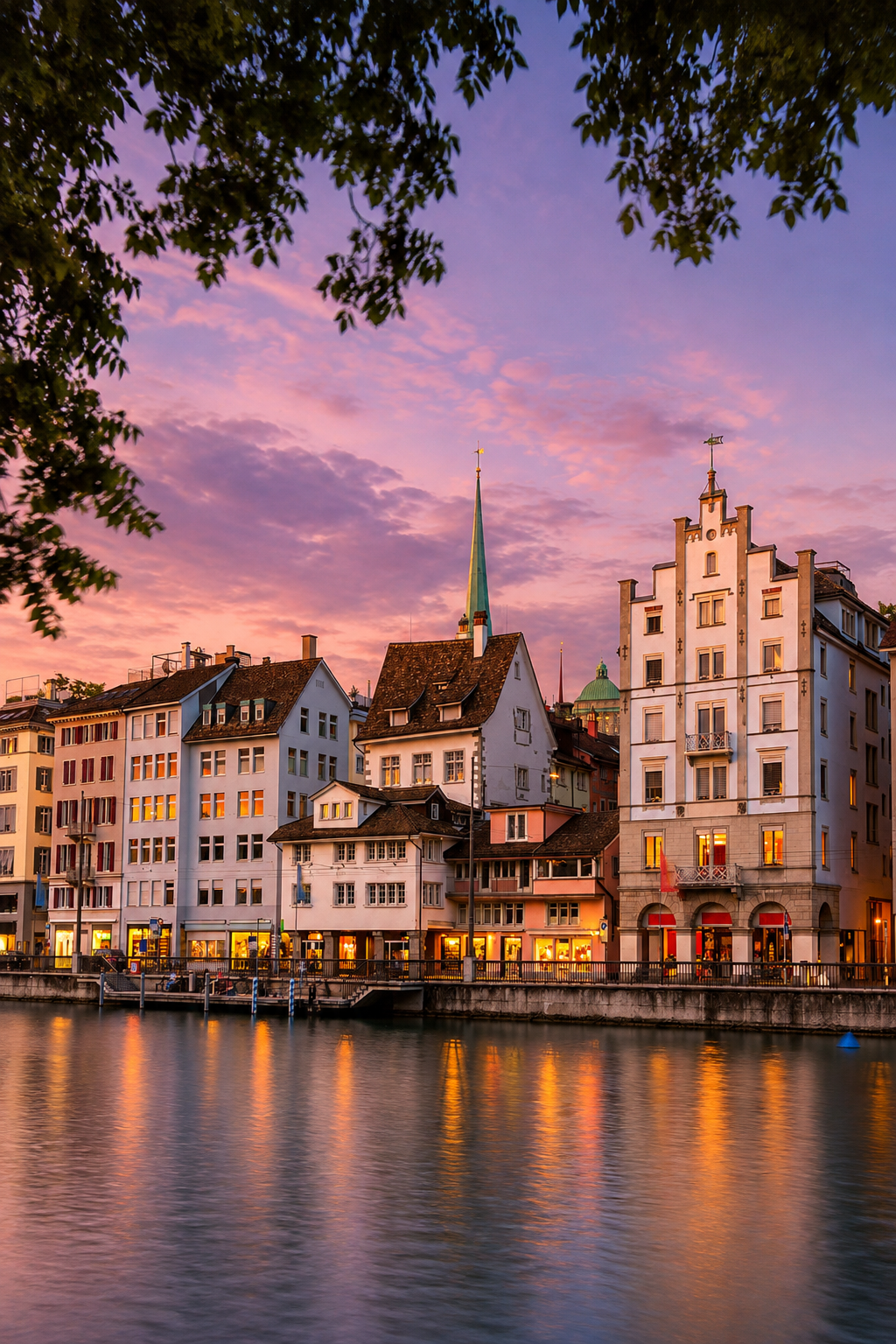 Edificios iluminados a orillas del río Limmat en Zúrich al atardecer para un Fin de Año en Europa y Año Nuevo inolvidable.