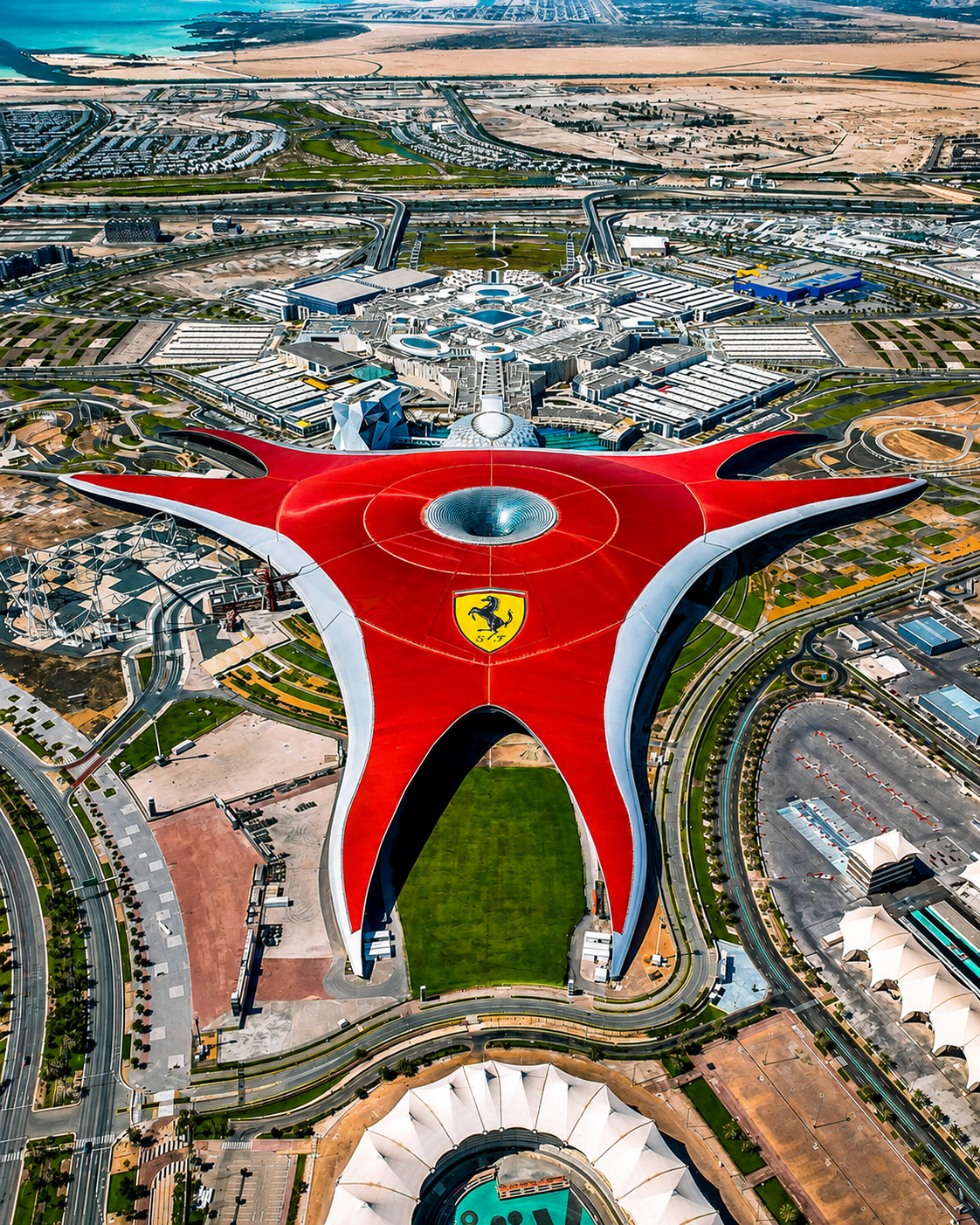 Vista aérea del techo rojo de Ferrari World en Yas Island Abu Dabi, parque temático incluido en el tour de quinceañeras con extensión a Dubái