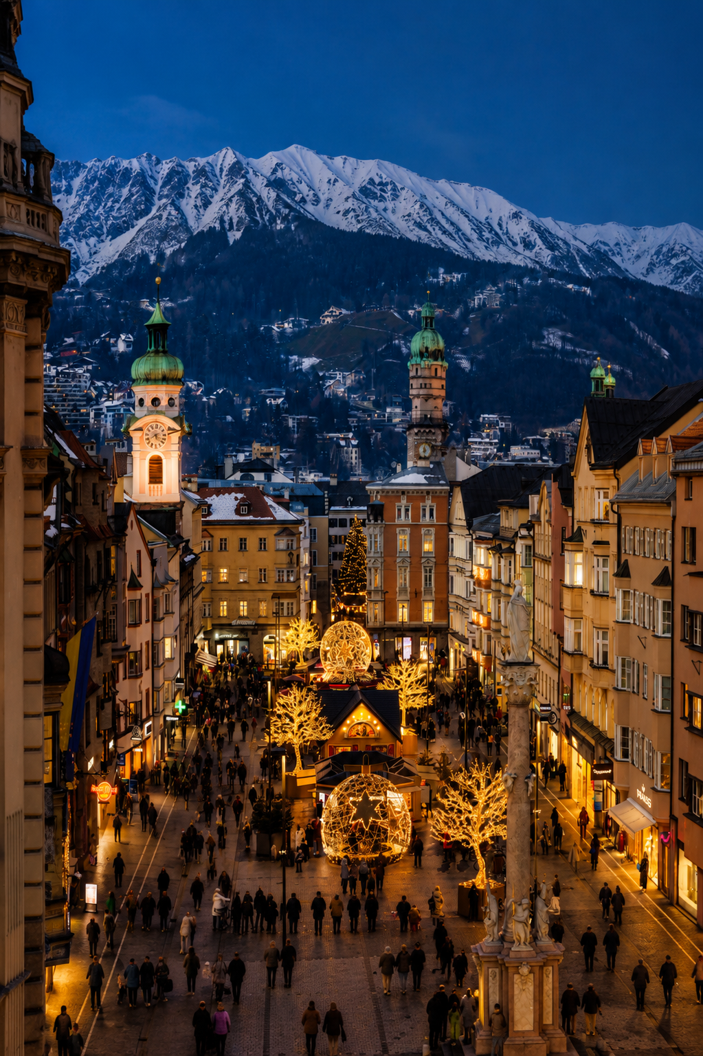Mercado navideño iluminado en el centro histórico de Innsbruck con los Alpes nevados al fondo para Fin de Año en Europa.